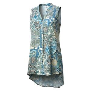 Spense Woman Blue Paisley Sheer Sleeveless Button Up Hi-Low Tunic Top 1X #299T